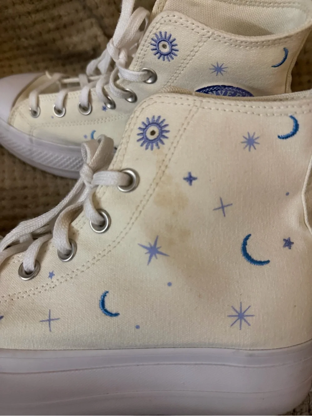 Converse High-Top Canvas Sneakers in Cream with Blue Star & Moon Print